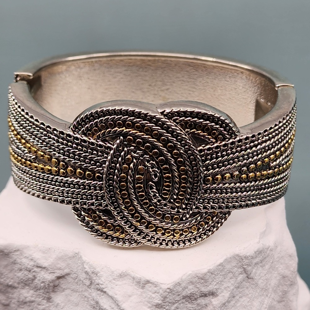 Mixed Metal Silver Gold Tone Knot Cuff Bracelet Wide Textured Hinged Statement